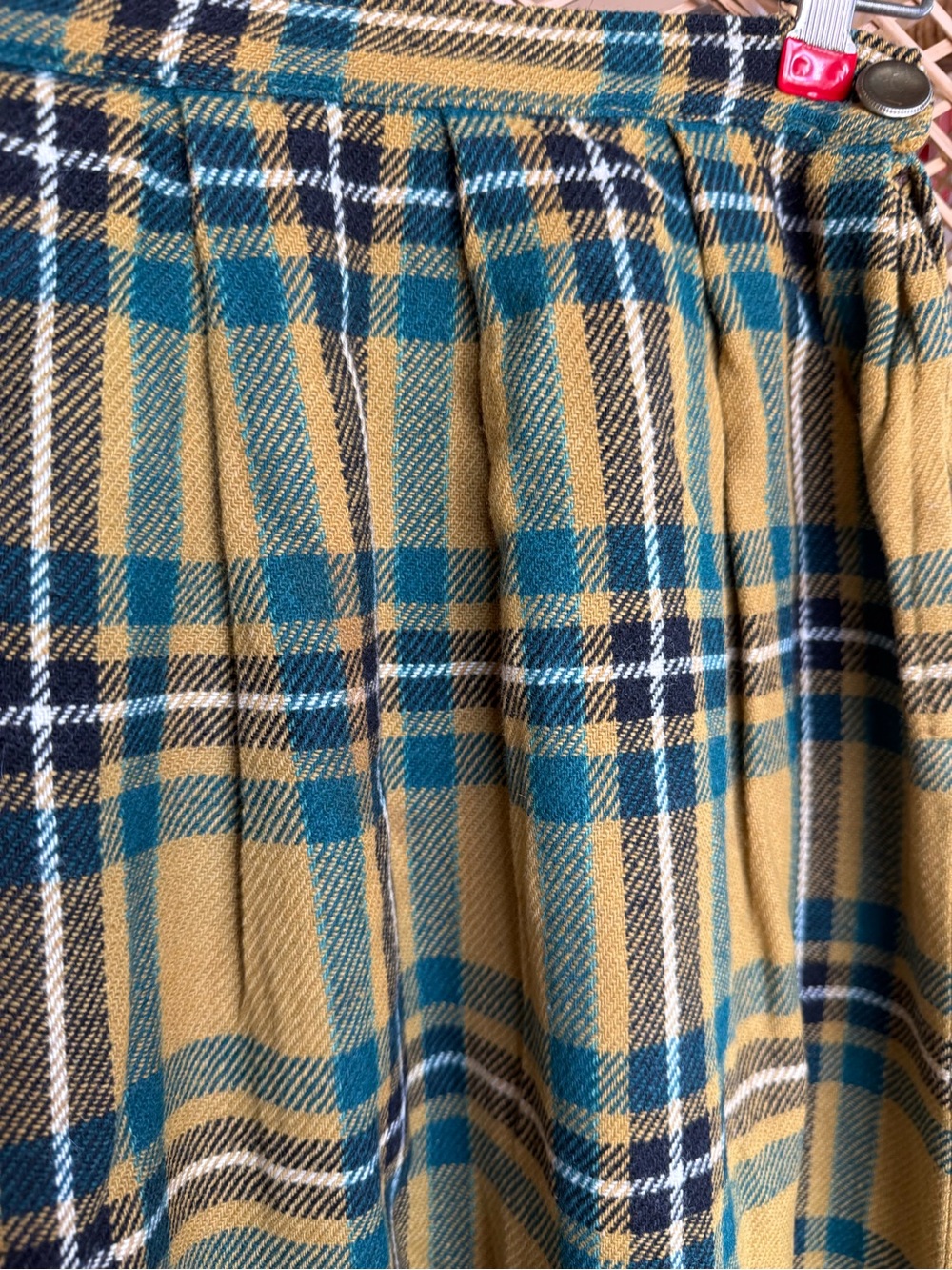 Plaid Wool Blend Midi Skirt Mustard Teal High Waist Cottagecore Vntg Handmade - Picture 7 of 11
